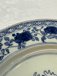 Six Chinese blue and white plates, a dish and a large tile, Yongzheng/Qianlong