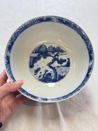 A Chinese blue and white bowl with scholars among cranes and deer, Kangxi mark and of the period