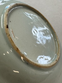 Six Chinese blue and white plates, a dish and a large tile, Yongzheng/Qianlong