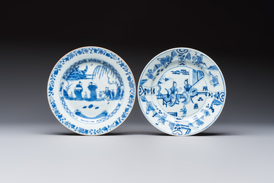 Seven Chinese blue and white plates with figural and floral design, 18/19th C.