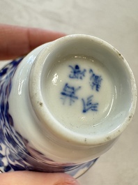 Four Chinese blue and white 'Bleu de Hue' cups and two bowls, various marks, 19th C.