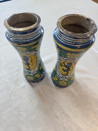 A pair of polychrome Italian maiolica armorial albarelli, Trapani, ca. 1600
