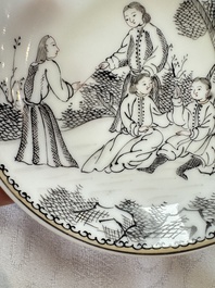 Four Chinese grisaille 'Western subject' cups and nine saucers, Qianlong