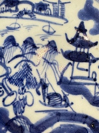 Six Chinese blue and white plates, a dish and a large tile, Yongzheng/Qianlong