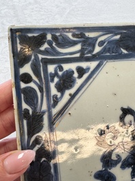 Six Chinese blue and white plates, a dish and a large tile, Yongzheng/Qianlong