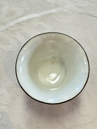 Four Chinese blue and white 'Bleu de Hue' cups and two bowls, various marks, 19th C.
