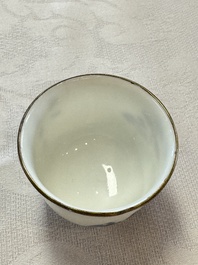Four Chinese blue and white 'Bleu de Hue' cups and two bowls, various marks, 19th C.