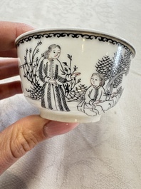 Four Chinese grisaille 'Western subject' cups and nine saucers, Qianlong