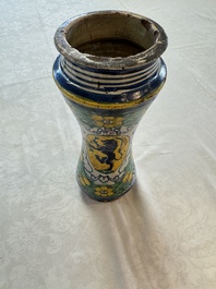 A pair of polychrome Italian maiolica armorial albarelli, Trapani, ca. 1600