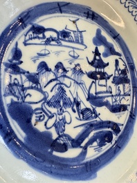 Six Chinese blue and white plates, a dish and a large tile, Yongzheng/Qianlong