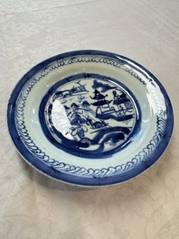 Six Chinese blue and white plates, a dish and a large tile, Yongzheng/Qianlong