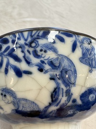 Four Chinese blue and white 'Bleu de Hue' cups and two bowls, various marks, 19th C.