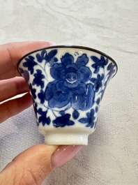Four Chinese blue and white 'Bleu de Hue' cups and two bowls, various marks, 19th C.