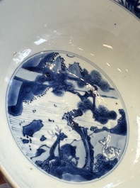 A Chinese blue and white bowl with scholars among cranes and deer, Kangxi mark and of the period