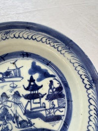 Six Chinese blue and white plates, a dish and a large tile, Yongzheng/Qianlong