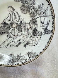Four Chinese grisaille 'Western subject' cups and nine saucers, Qianlong