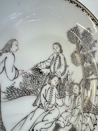 Four Chinese grisaille 'Western subject' cups and nine saucers, Qianlong