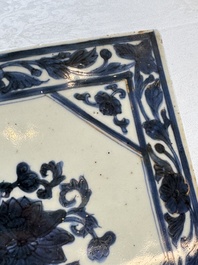 Six Chinese blue and white plates, a dish and a large tile, Yongzheng/Qianlong