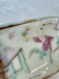 Two Chinese coral-red-ground covered bowls and a famille rose covered cricket box, Zhang Yihe 張義和 and Gong Hesheng 龔和盛 marks, 19th C.