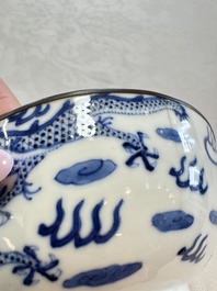 Four Chinese blue and white 'Bleu de Hue' cups and two bowls, various marks, 19th C.