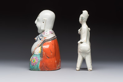 Two Chinese Dehua blanc-de-Chine Buddhist lions, three famille rose figures, and a white-glazed group, Kangxi and later