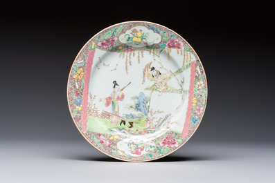 Three fine Chinese famille rose 'Xi Xiang Ji' plates, Yongzheng