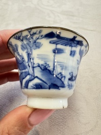 Four Chinese blue and white 'Bleu de Hue' cups and two bowls, various marks, 19th C.