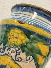 A pair of polychrome Italian maiolica armorial albarelli, Trapani, ca. 1600