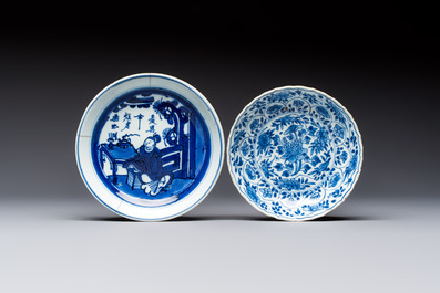 Seven Chinese blue and white plates with figural and floral design, 18/19th C.