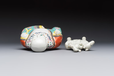 Two Chinese Dehua blanc-de-Chine Buddhist lions, three famille rose figures, and a white-glazed group, Kangxi and later