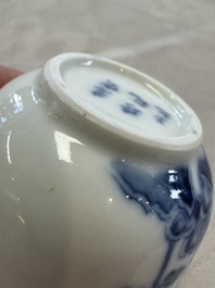 Four Chinese blue and white 'Bleu de Hue' cups and two bowls, various marks, 19th C.