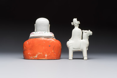 Two Chinese Dehua blanc-de-Chine Buddhist lions, three famille rose figures, and a white-glazed group, Kangxi and later