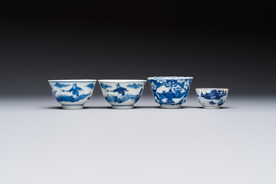 11 Chinese blue and white cups and 10 saucers, Kangxi and jade marks, 18/19th C.