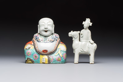 Two Chinese Dehua blanc-de-Chine Buddhist lions, three famille rose figures, and a white-glazed group, Kangxi and later