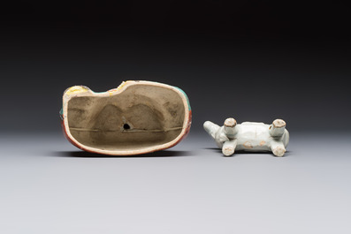 Two Chinese Dehua blanc-de-Chine Buddhist lions, three famille rose figures, and a white-glazed group, Kangxi and later