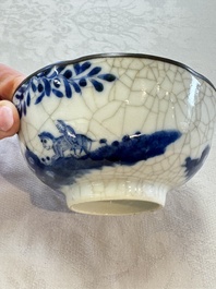 Four Chinese blue and white 'Bleu de Hue' cups and two bowls, various marks, 19th C.