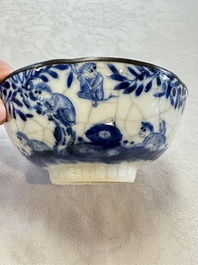 Four Chinese blue and white 'Bleu de Hue' cups and two bowls, various marks, 19th C.