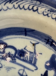 Six Chinese blue and white plates, a dish and a large tile, Yongzheng/Qianlong