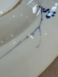 Six Chinese blue and white plates, a dish and a large tile, Yongzheng/Qianlong