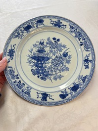 Six Chinese blue and white plates, a dish and a large tile, Yongzheng/Qianlong
