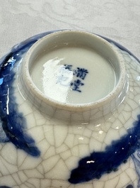 Four Chinese blue and white 'Bleu de Hue' cups and two bowls, various marks, 19th C.