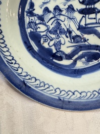 Six Chinese blue and white plates, a dish and a large tile, Yongzheng/Qianlong