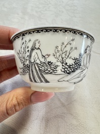 Four Chinese grisaille 'Western subject' cups and nine saucers, Qianlong