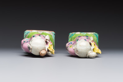 Two Chinese Dehua blanc-de-Chine Buddhist lions, three famille rose figures, and a white-glazed group, Kangxi and later