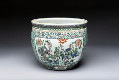 A Chinese famille verte 'Phoenixes and Mountainous Landscape' fish bowl or jardini&egrave;re, 19th C.
