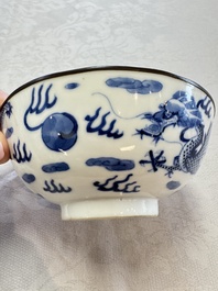 Four Chinese blue and white 'Bleu de Hue' cups and two bowls, various marks, 19th C.
