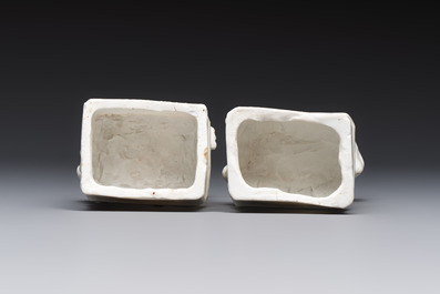 Two Chinese Dehua blanc-de-Chine Buddhist lions, three famille rose figures, and a white-glazed group, Kangxi and later
