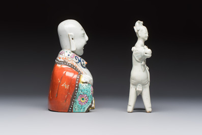 Two Chinese Dehua blanc-de-Chine Buddhist lions, three famille rose figures, and a white-glazed group, Kangxi and later