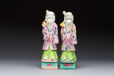 Two Chinese Dehua blanc-de-Chine Buddhist lions, three famille rose figures, and a white-glazed group, Kangxi and later