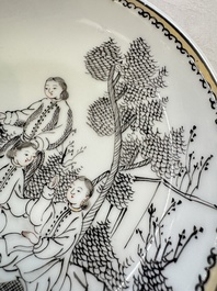 Four Chinese grisaille 'Western subject' cups and nine saucers, Qianlong